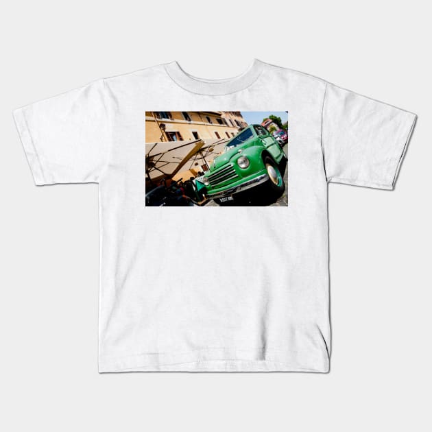 Green classic Fiat truck parked in Italian Street. Kids T-Shirt by brians101